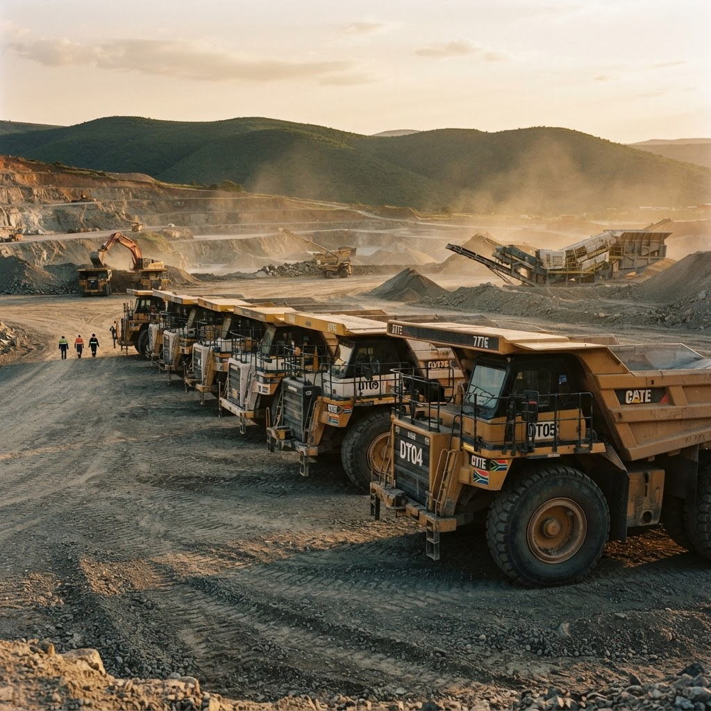 A line of tipper trucks parked at a quarry site at golden hour