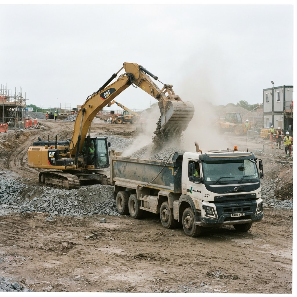An excavator loading crushed aggregate into a tipper truck on site